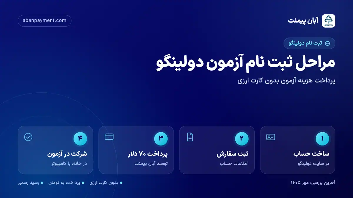 مراحل ثبت نام آزمون دولینگو با آبان پیمنت: ساخت حساب، ثبت سفارش، پرداخت ۷۰ دلار و شرکت در آزمون در خانه