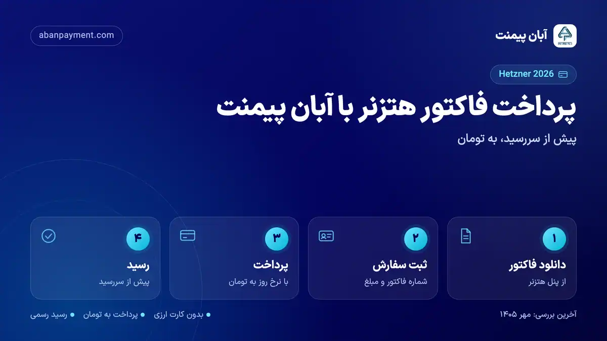 مراحل پرداخت فاکتور هتزنر با آبان پیمنت: دانلود فاکتور از پنل، ثبت سفارش با شماره فاکتور و مبلغ، پرداخت به تومان و دریافت رسید پیش از سررسید