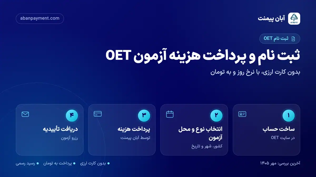 مراحل ثبت نام و پرداخت هزینه آزمون OET با آبان پیمنت: ساخت حساب، انتخاب نوع و محل آزمون، پرداخت و دریافت تأییدیه