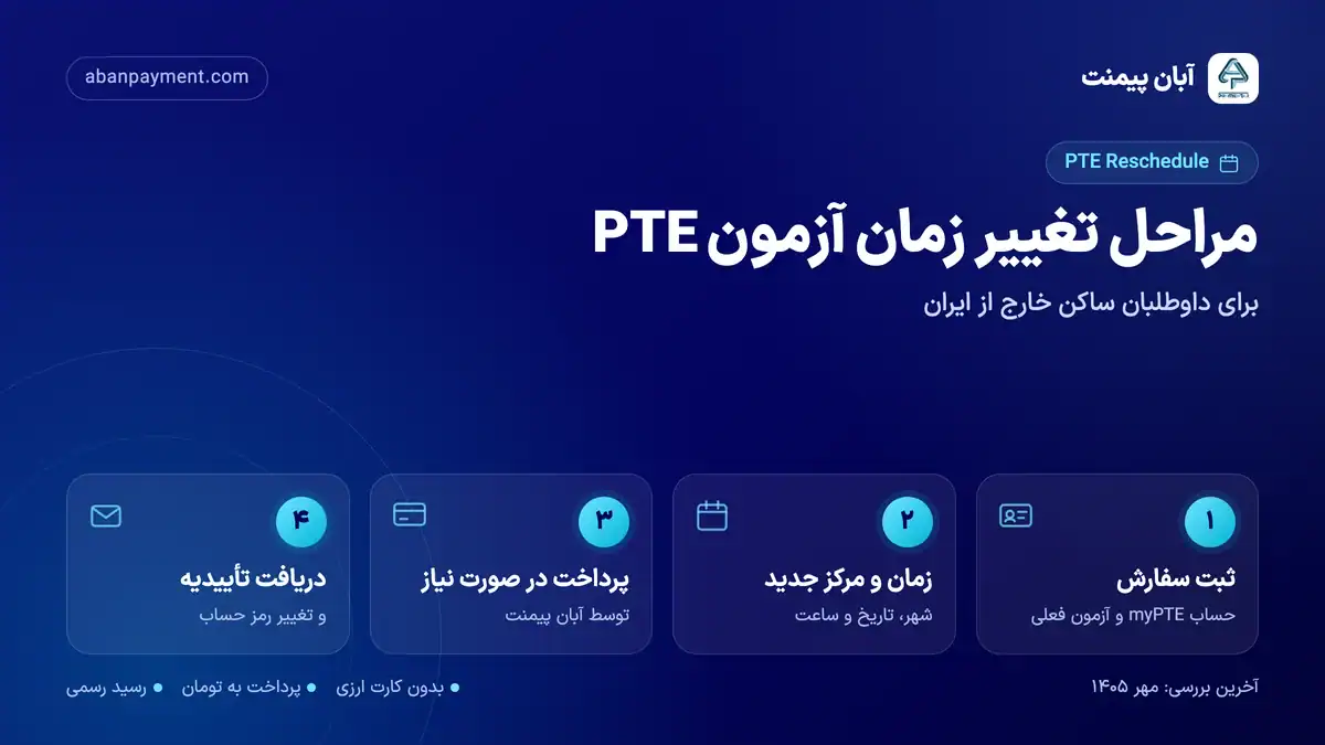 مراحل تغییر زمان آزمون PTE با آبان پیمنت: ثبت سفارش، انتخاب زمان و مرکز جدید، پرداخت در صورت نیاز و دریافت تأییدیه