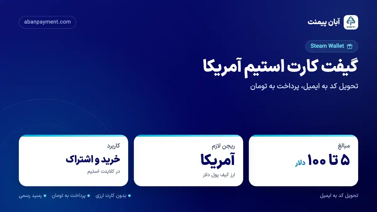 گیفت کارت استیم آمریکا: مبالغ ۵ تا ۱۰۰ دلار، قابل استفاده روی ارز کیف پول دلار برای در کلاینت استیم