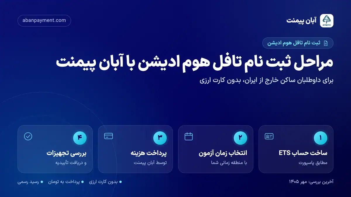 مراحل ثبت نام تافل هوم ادیشن با آبان پیمنت: ساخت حساب ETS، انتخاب زمان آزمون، پرداخت هزینه و بررسی تجهیزات