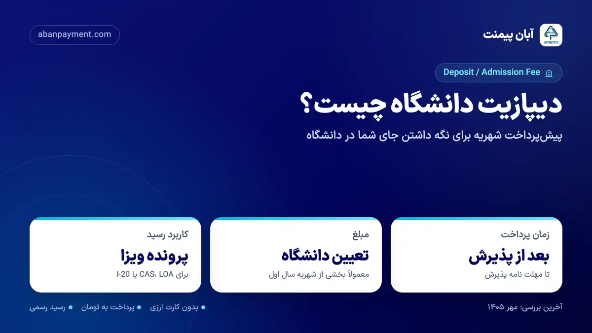 دیپازیت دانشگاه چیست: پیش پرداخت شهریه که بعد از پذیرش پرداخت می شود، مبلغ آن را دانشگاه تعیین می کند و رسید آن برای CAS، LOA یا I-20 لازم است
